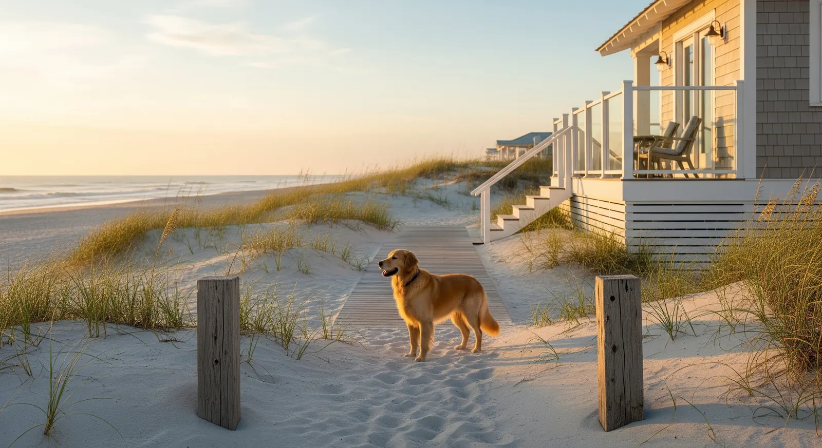 Brown dog stands between wooden posts on a sandy beach beside a raised seaside house.