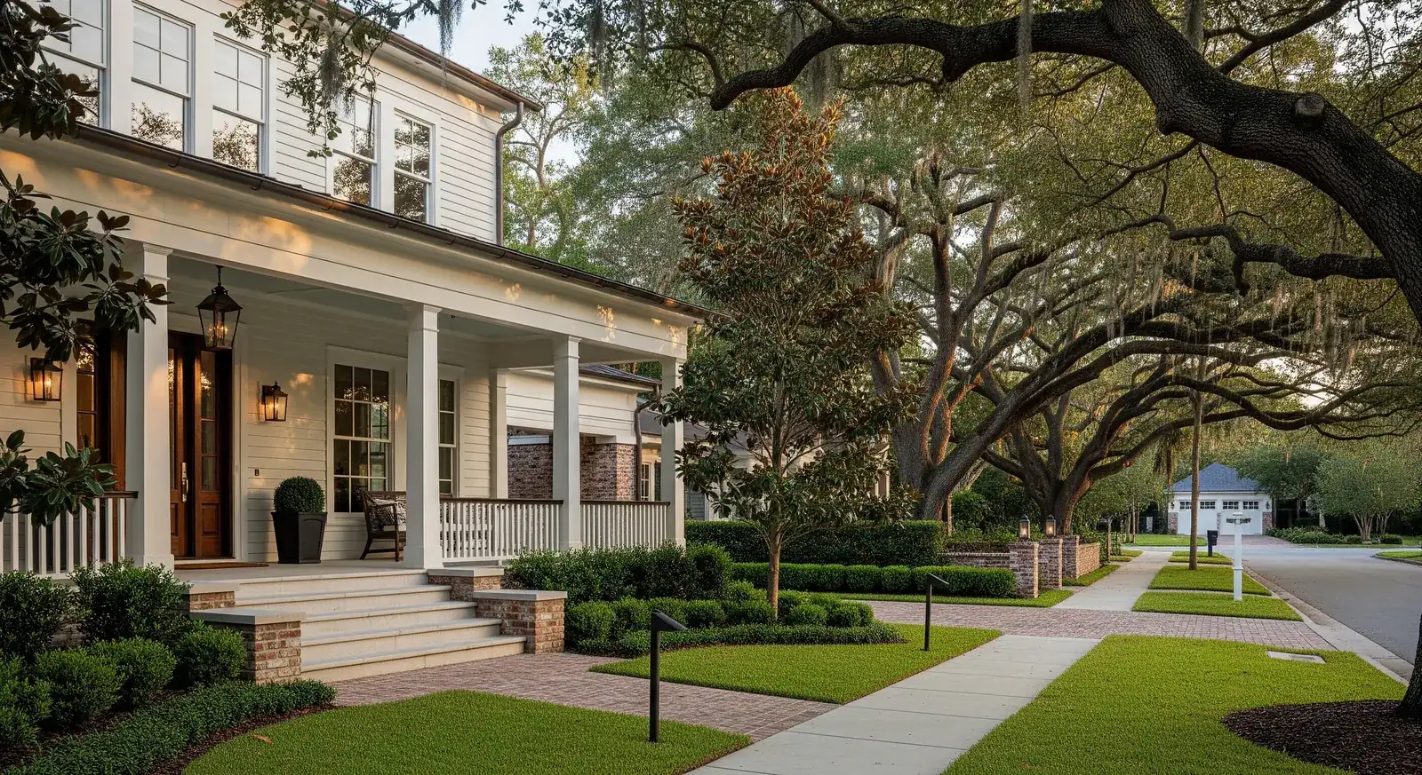 White two-story house with a columned porch beside a sidewalk shaded by sprawling oak trees.