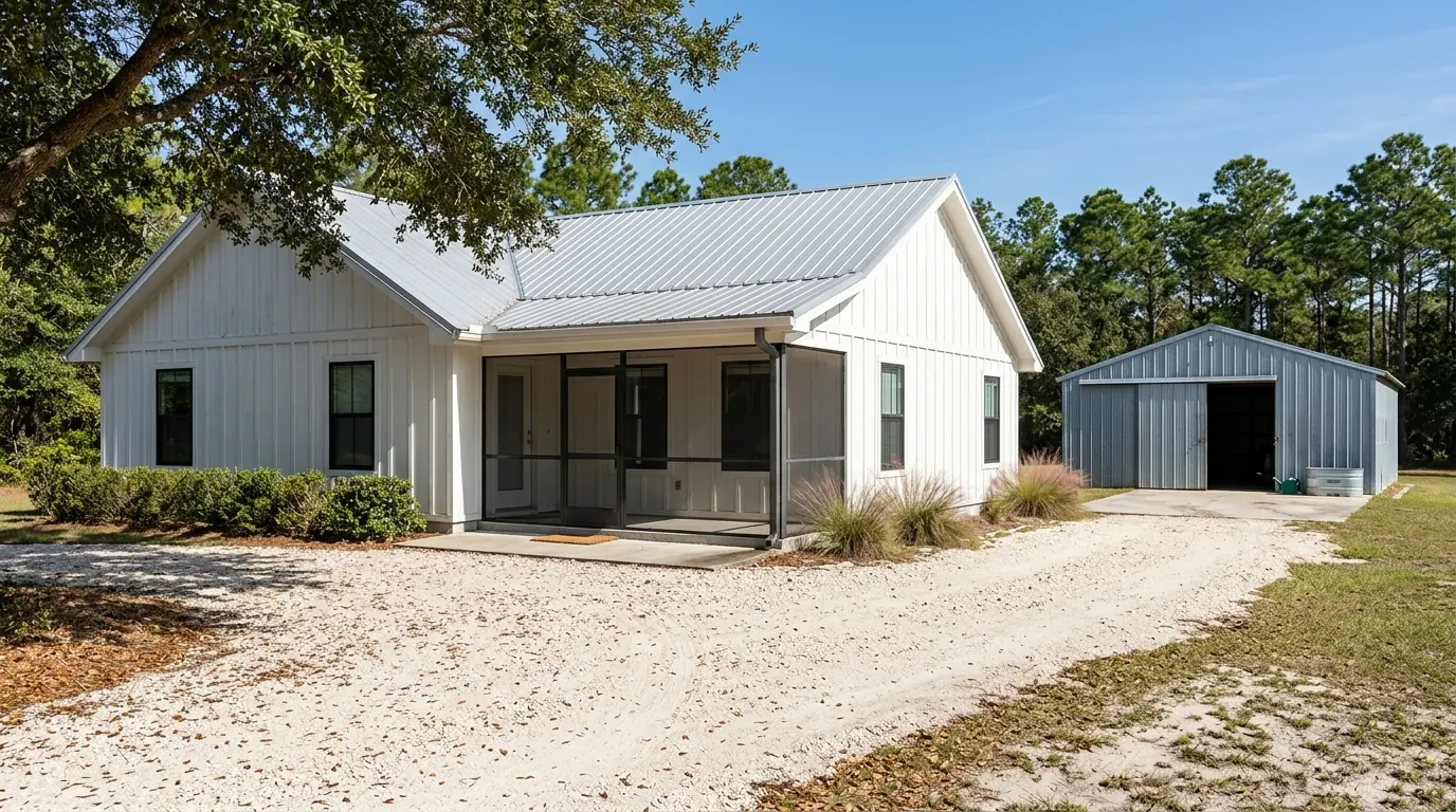 White single-story home with screened porch and gray metal roof beside a detached galvanized barn, beyond a curving gravel drive.