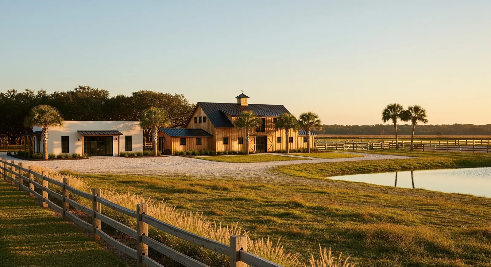 Modern farmhouse and outbuilding beyond a split-rail fence, surrounded by lawns and palm trees at sunset.