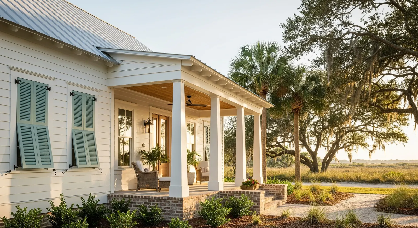 White coastal-style house with a columned porch, blue shutters, and live oaks beside a sunlit field.