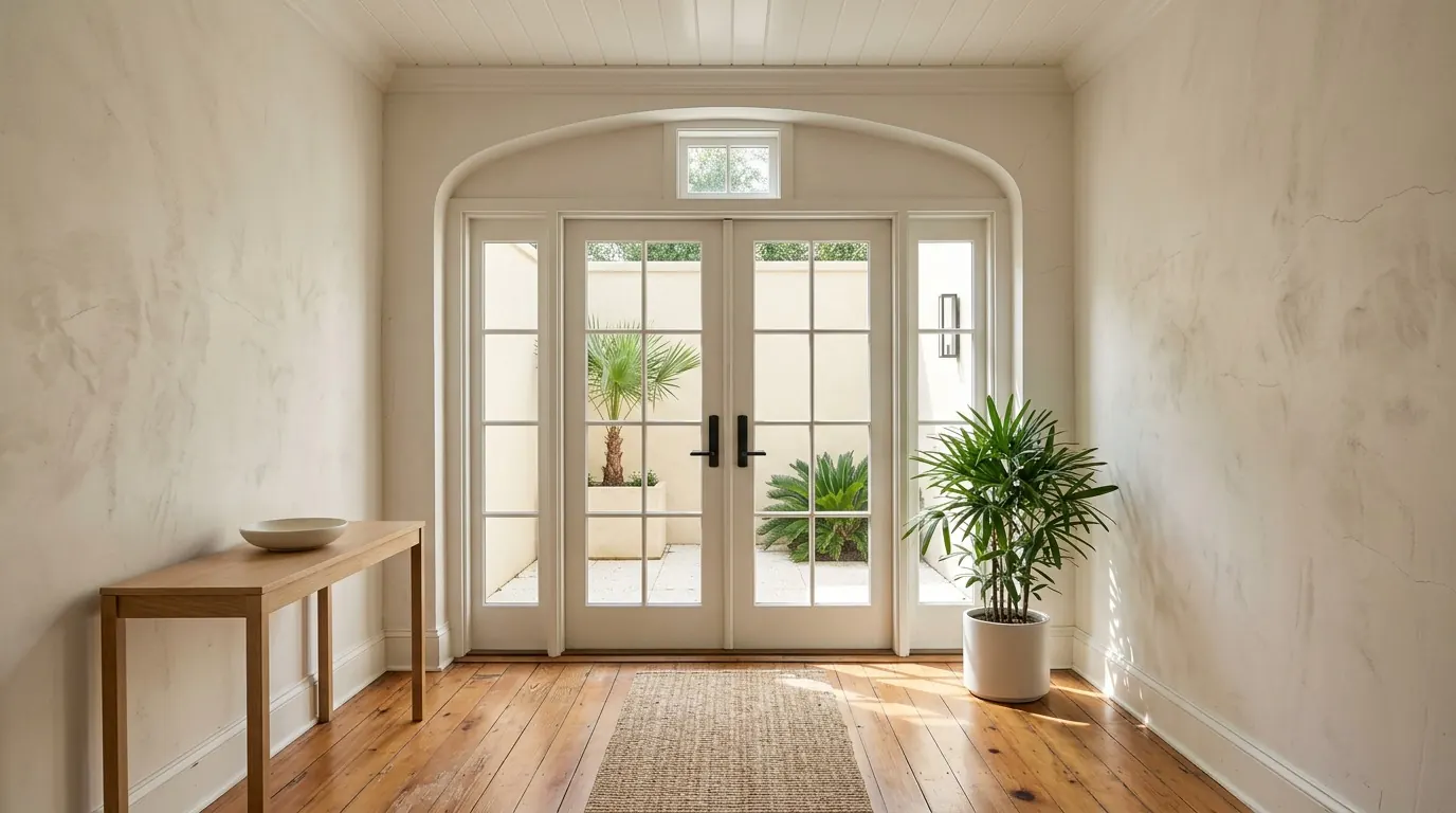 Arched entry hall frames white French doors opening onto a stucco courtyard above pine floors.