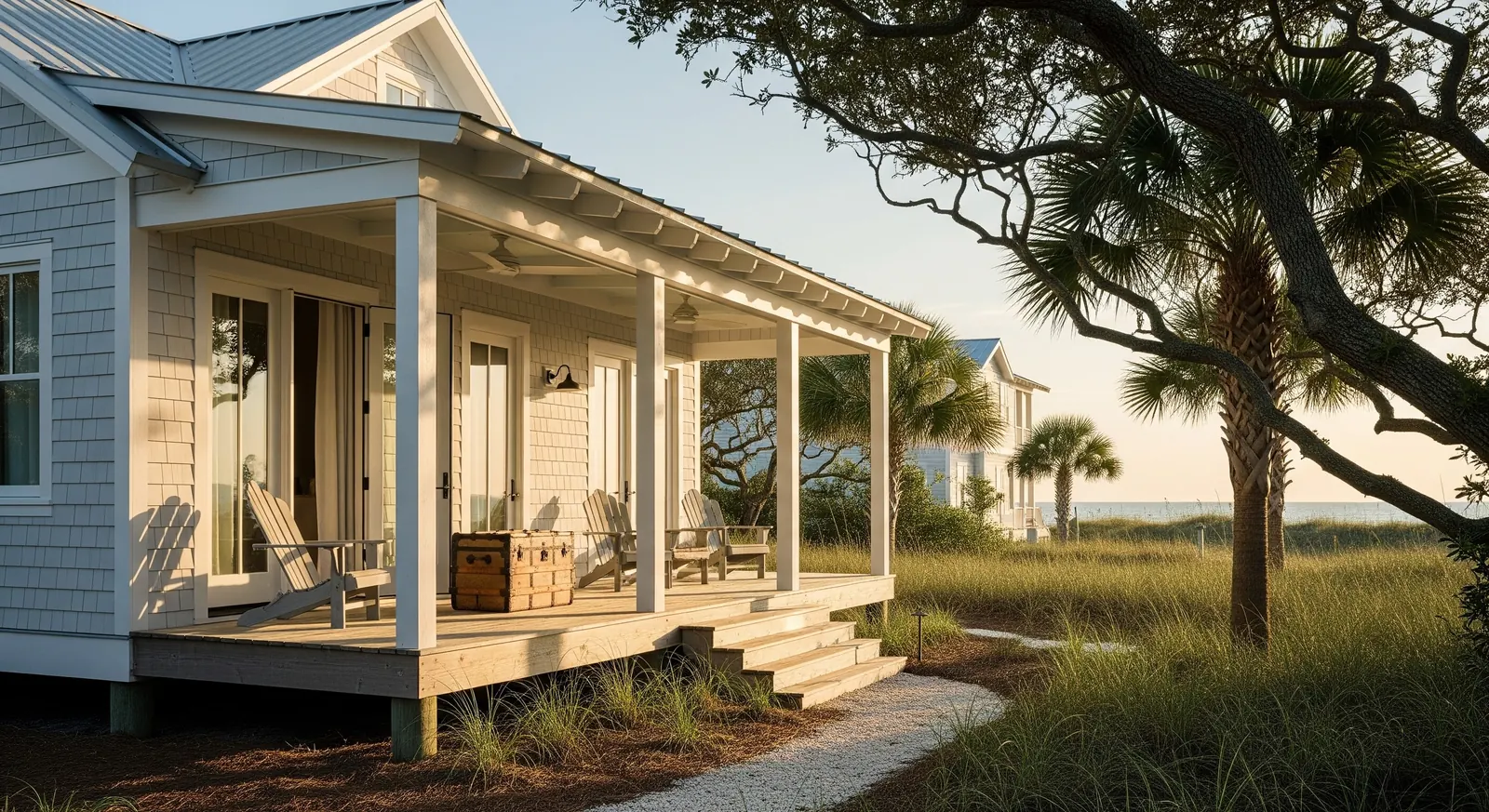 White coastal cottage with a wide porch, Adirondack chairs, and a curving path beneath a large tree.