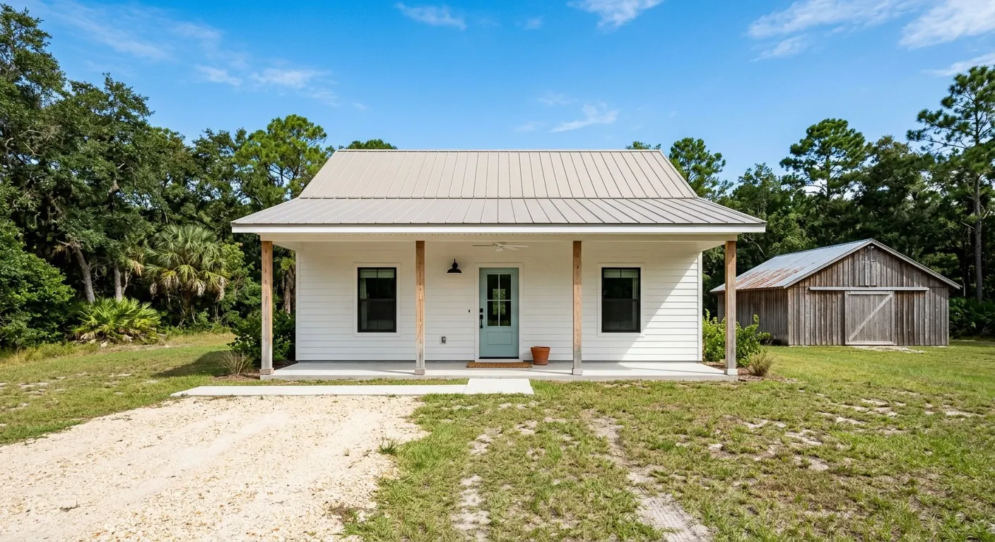 White farmhouse and front porch beside a separate weathered barn, framed by oak trees.