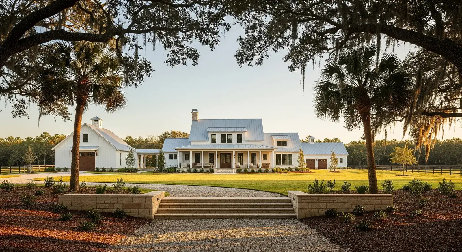White country estate framed by moss-draped oaks, with a broad lawn and stone entry steps.