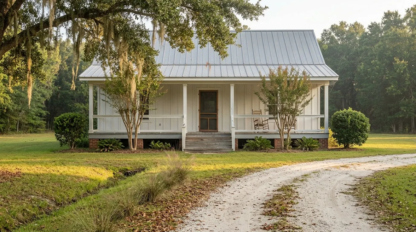 White board-and-batten farmhouse with a metal roof, rocking chair on the porch, and gravel drive through the lawn.