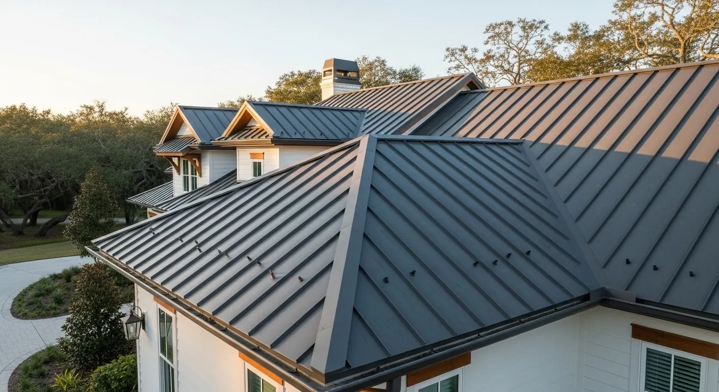 Gray standing-seam metal roof spans a white house, with intersecting ridges and gabled dormers.
