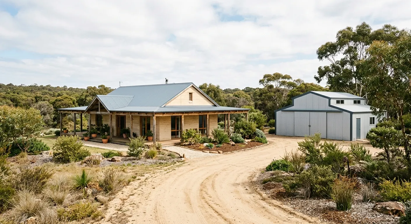 Sand-colored rural home with a front porch and detached gray workshop across a shell-gravel driveway.