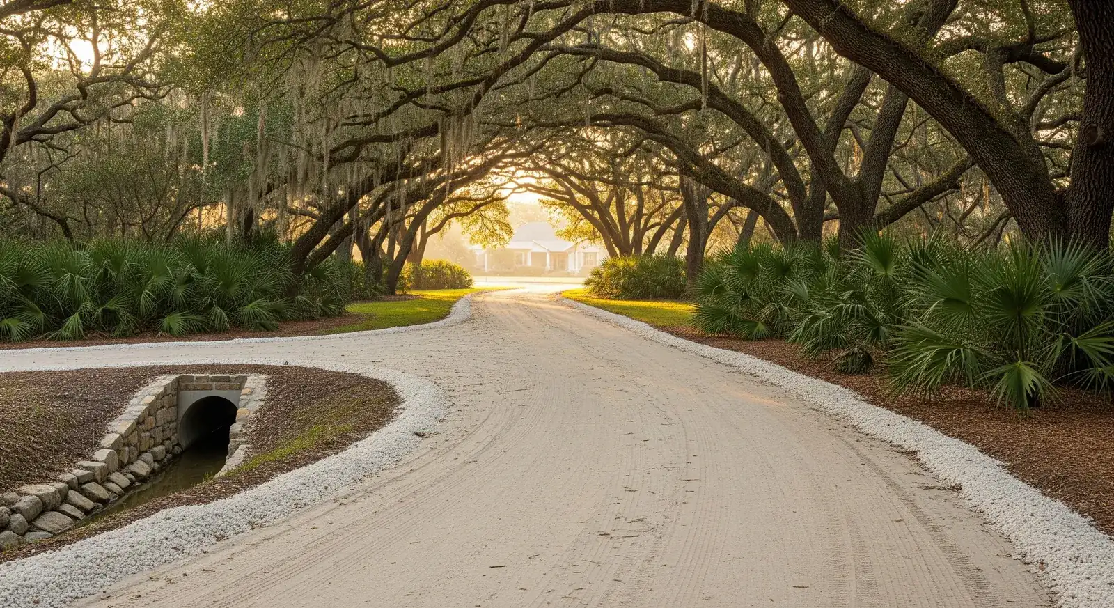 Pale sandy road beneath arching live oaks draped with Spanish moss, with a stone-lined roadside culvert.