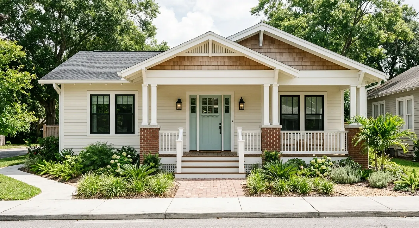 Historic bungalow with a sea-glass green door, red brick porch piers, and a brick walkway through the lawn.