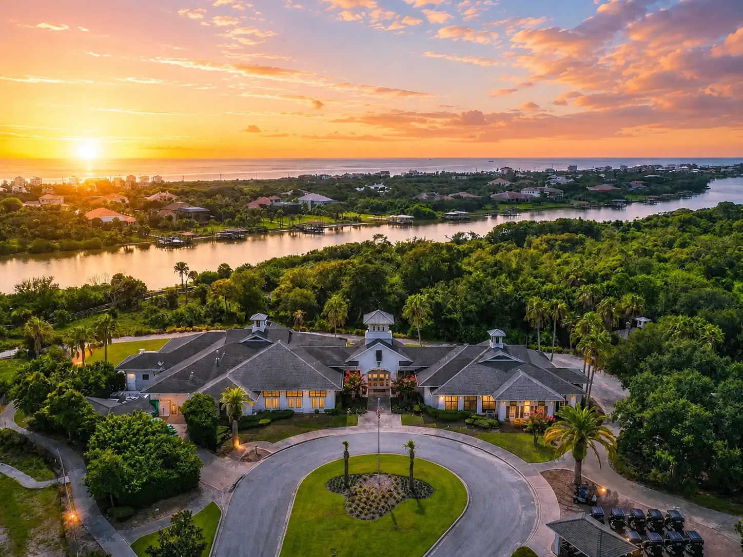 Grand Haven Golf Club clubhouse at sunset with the Intracoastal Waterway beyond