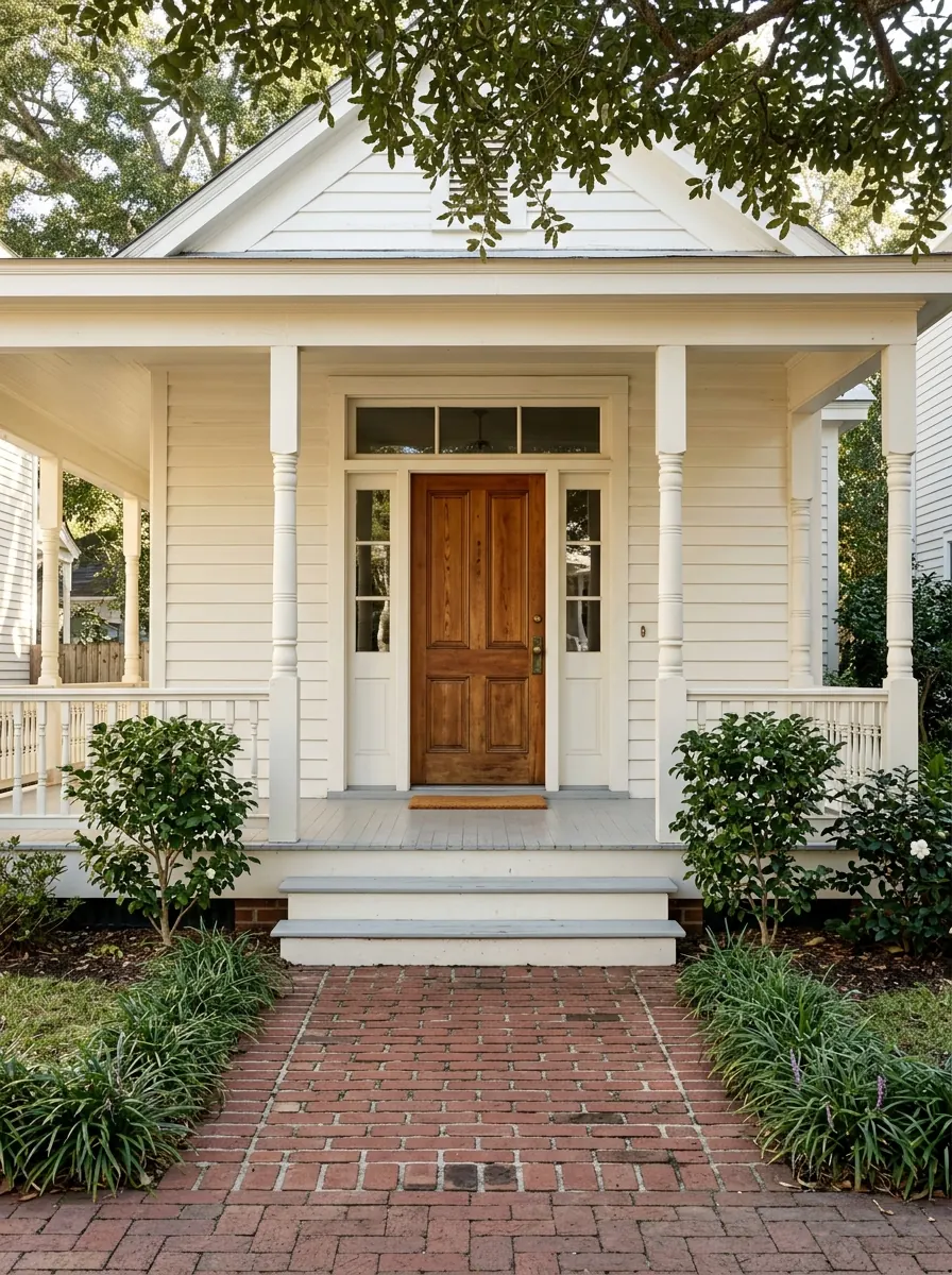 Historic wood-frame home entry with a heart pine door, original glass, and subtropical plants.
