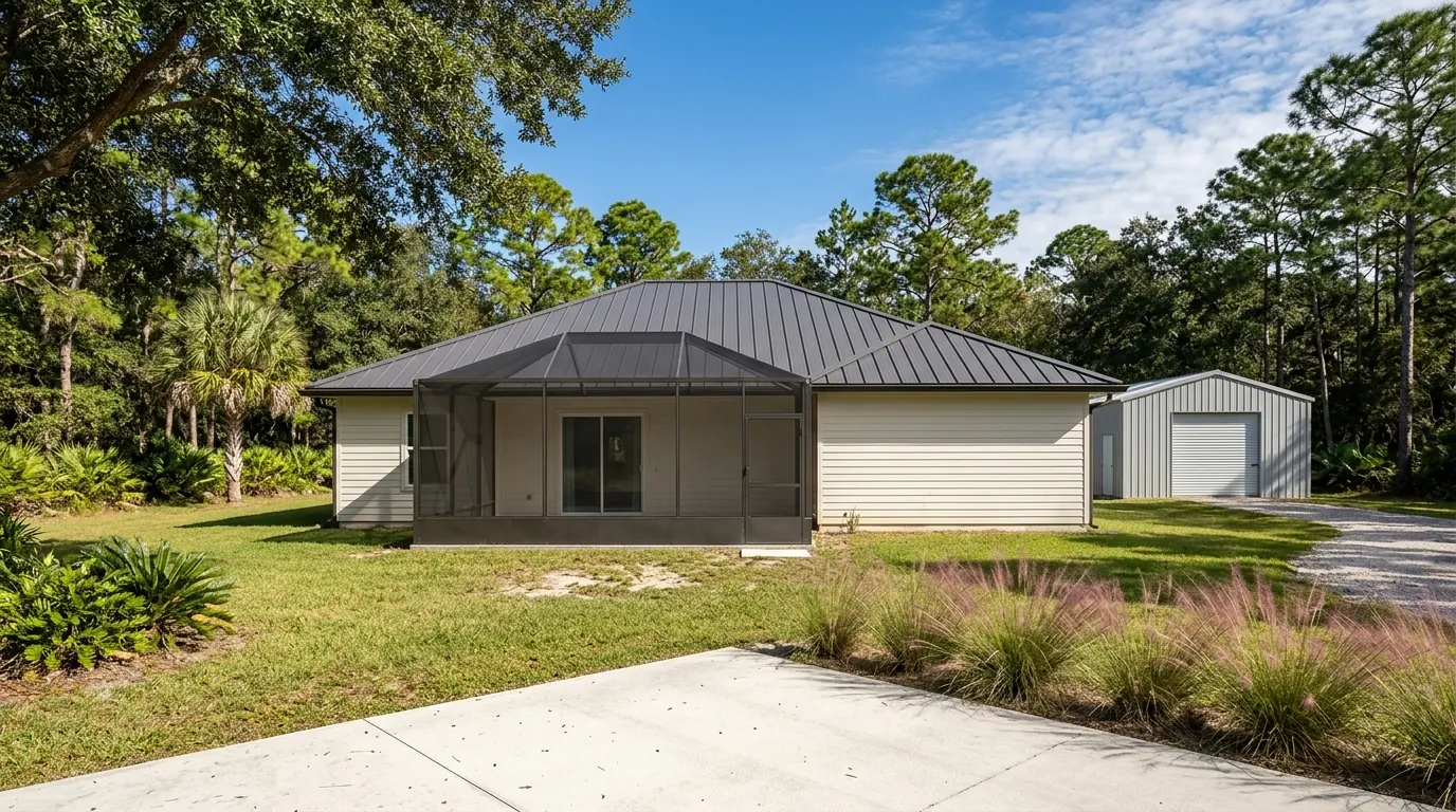 Rural single-story home with screened lanai, concrete patio, detached metal workshop, and deep lawn ending at trees.