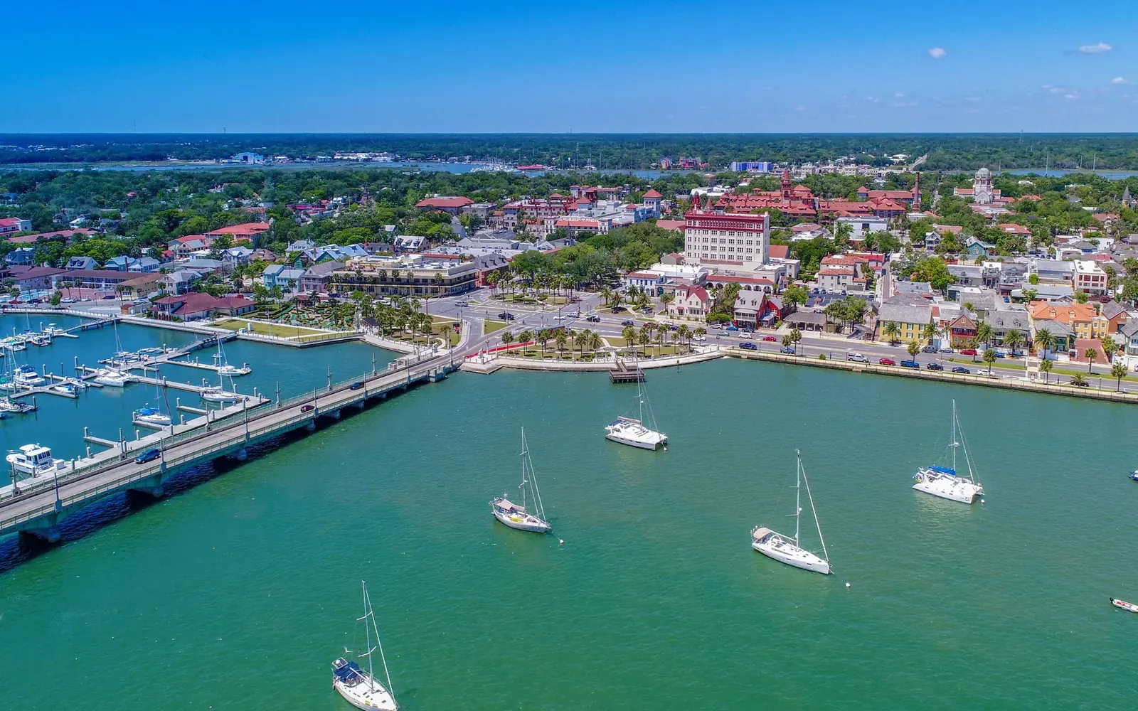 Aerial view of St. Augustine's bayfront and marina