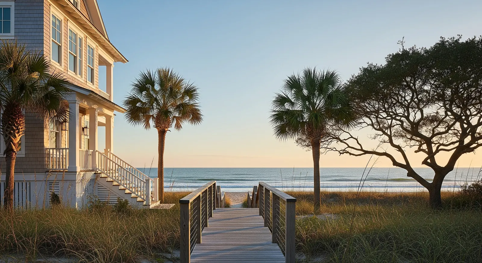 Wooden beach walkway leads past palms and a coastal house toward the ocean.