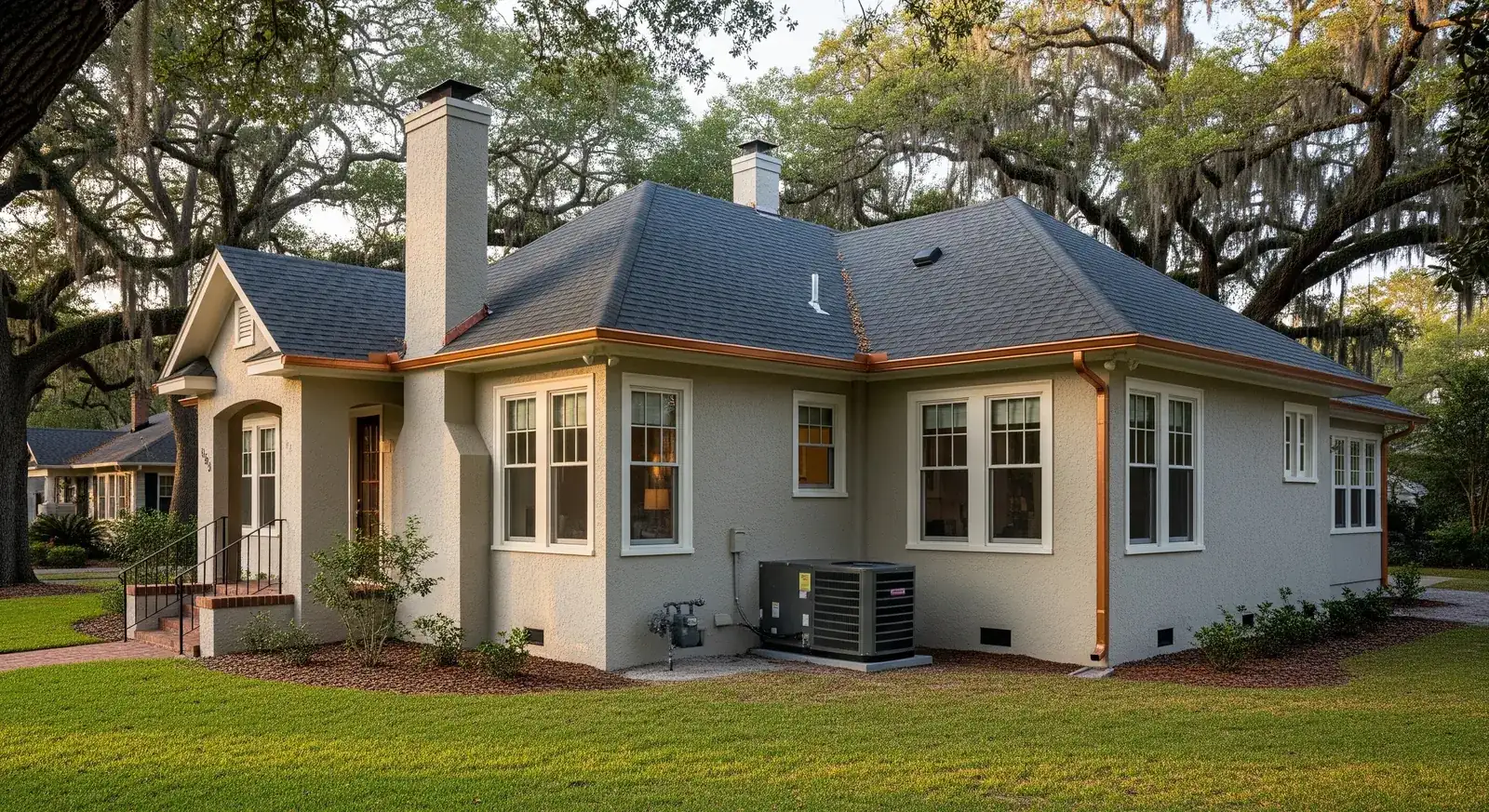 Beige single-story house with a dark hipped roof, white-framed windows, and a green lawn beneath large trees.